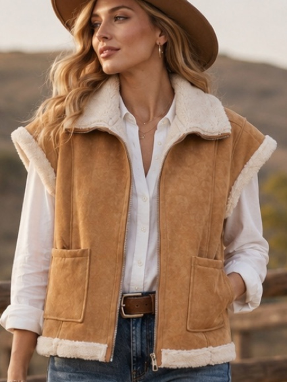 BLANKNYC Faux Suede Shearling Vest NWT Tan Ivory Zip Front